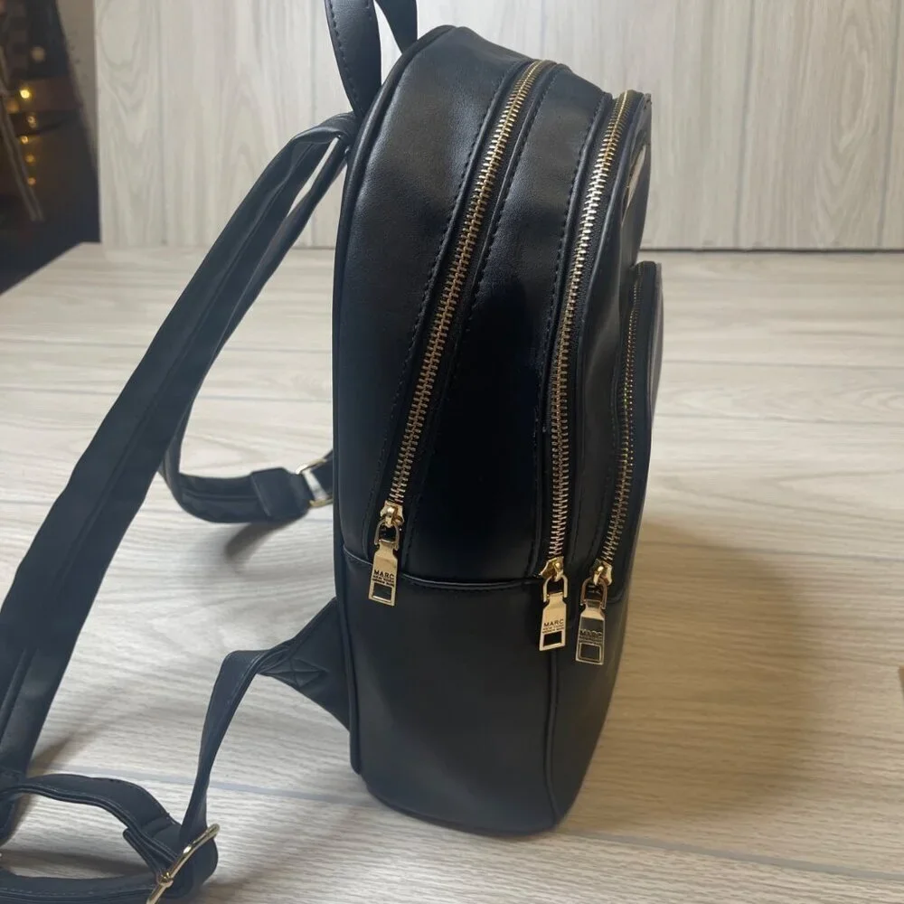 Marc New York By Andrew Marc Black Gold Zip BackPack Faux Leather